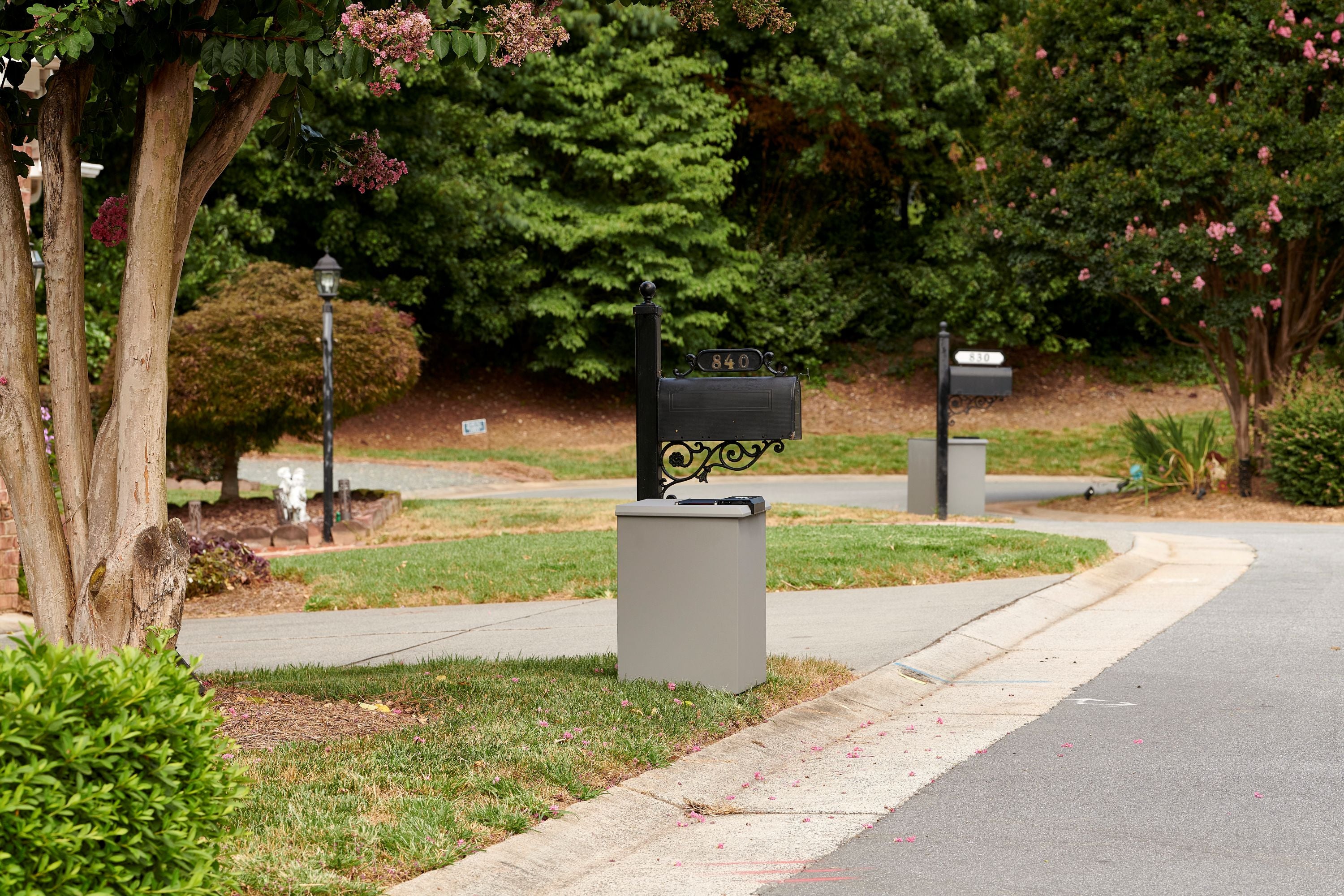 Loxx Boxxes on a residential street with trees and grass in the background
