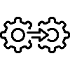 Two interlocking gears with an arrow between them on a white background