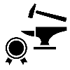 Black and white icon of a hammer and anvil with a circular symbol on a white background